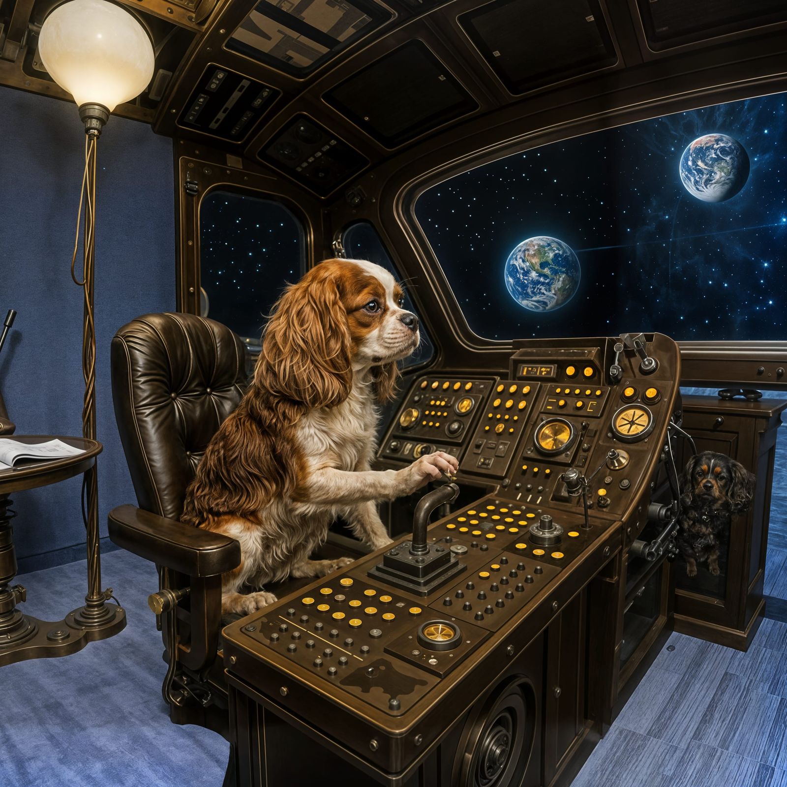 Cavalier King Charles Spaniel Captain in Steampunk Spaceship