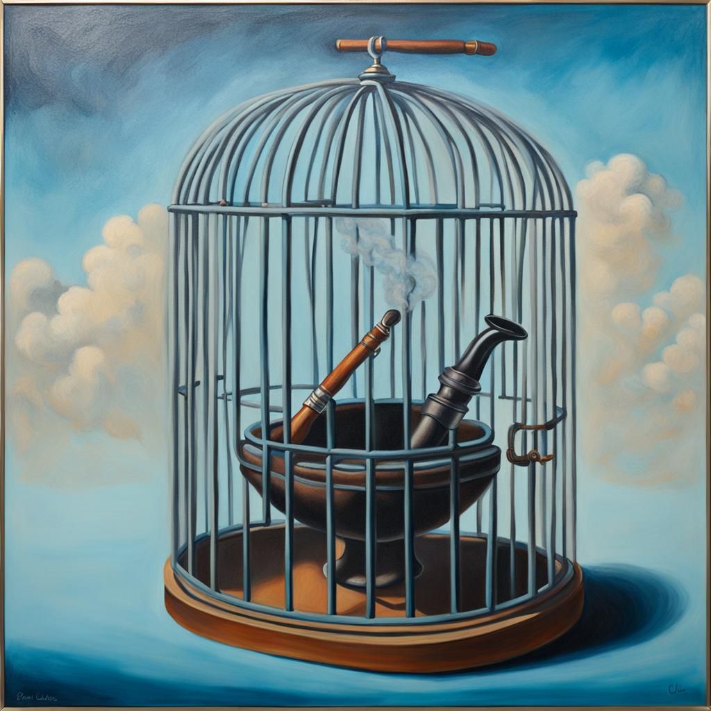 Smoking Pipe in Cage: Surreal Oil Painting