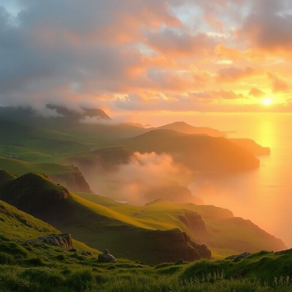 Mystical Sunset Over Emerald Irish Landscape