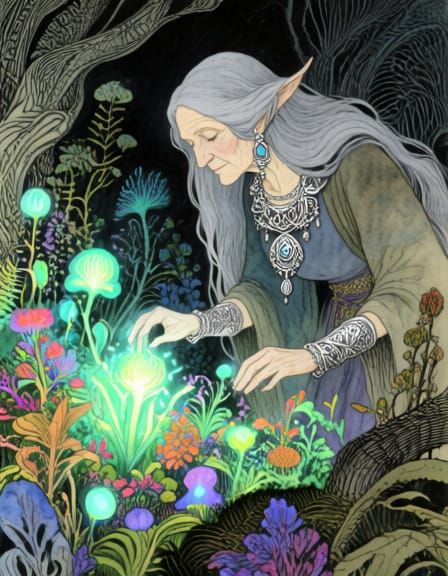 Druid Tending Luminous Healing Garden in Watercolor Style