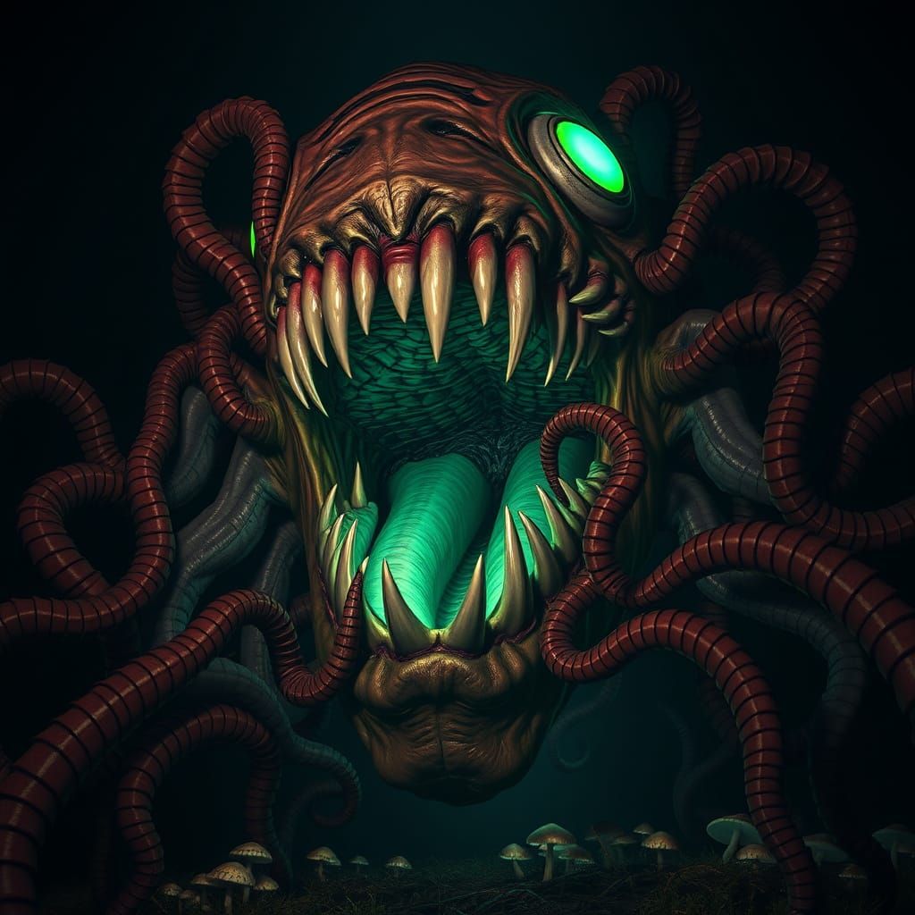 Surreal Horror Scene with Bioluminescent Eye and Twisted Ten...