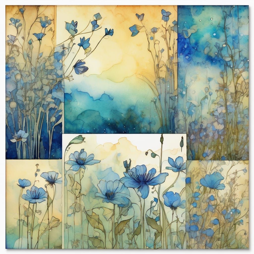 Blue Wildflower Close-up in Liquid Ink Watercolour