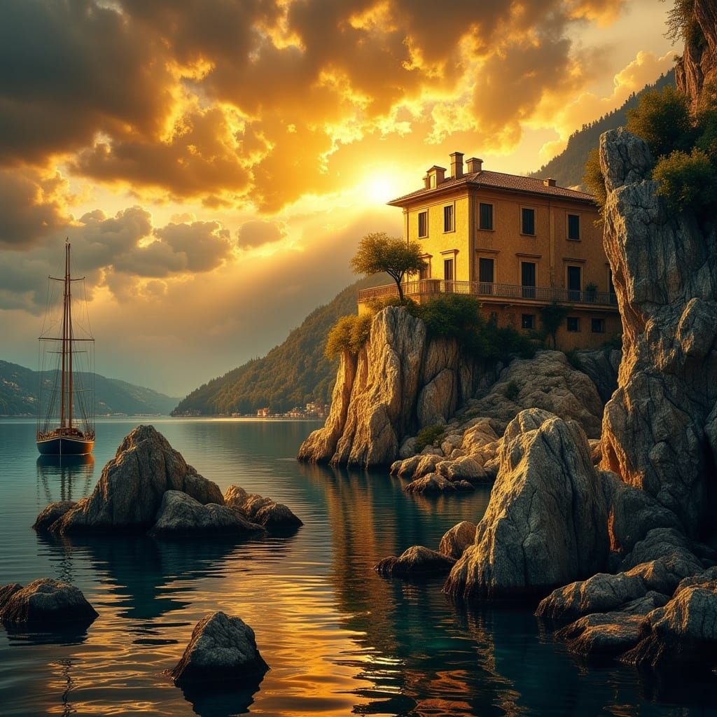 Italian Coastal House at Dramatic Rock Sunset