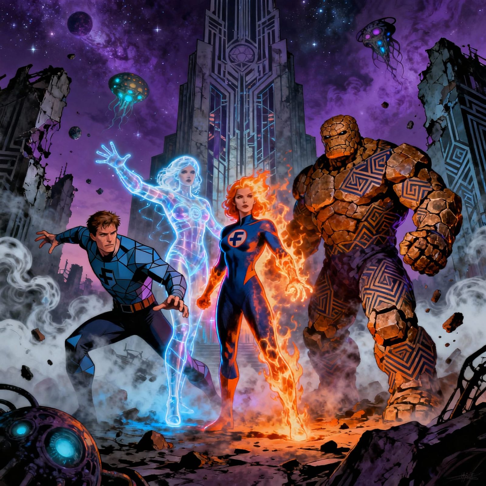 Fantastic Four Art Deco Street Art with Tim Burton Gothic St...