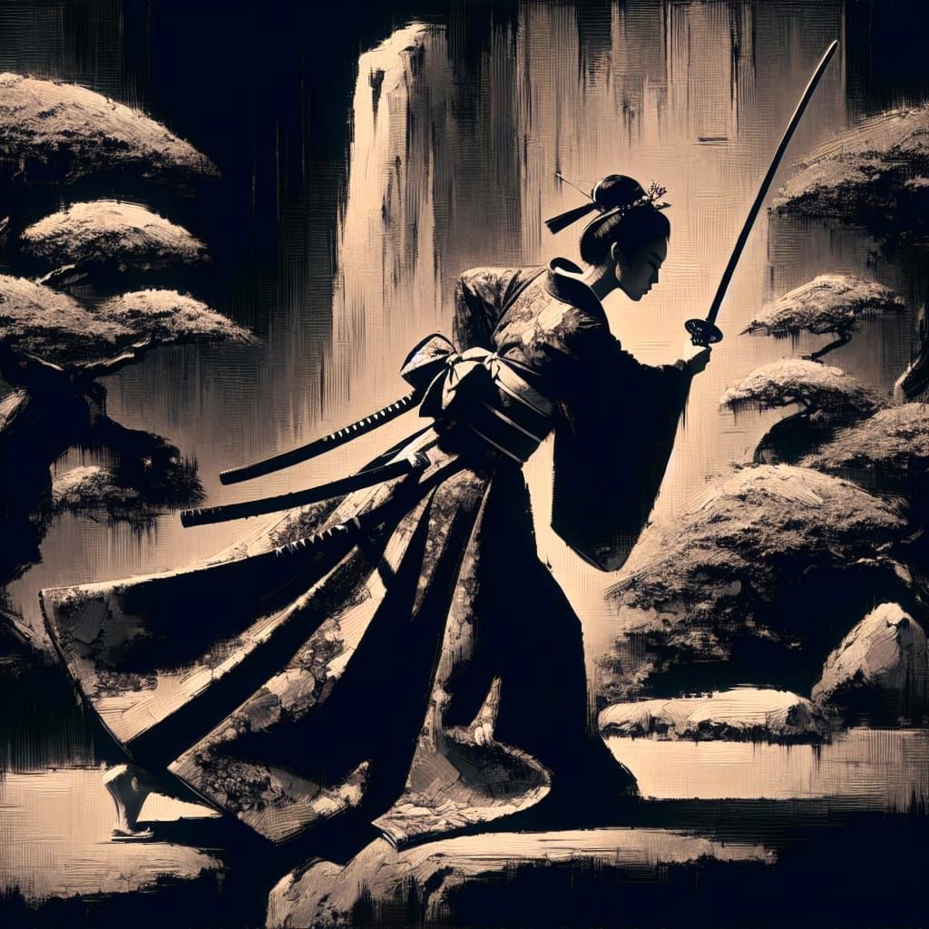 Elegant Samurai Lady in Serene Rock Garden