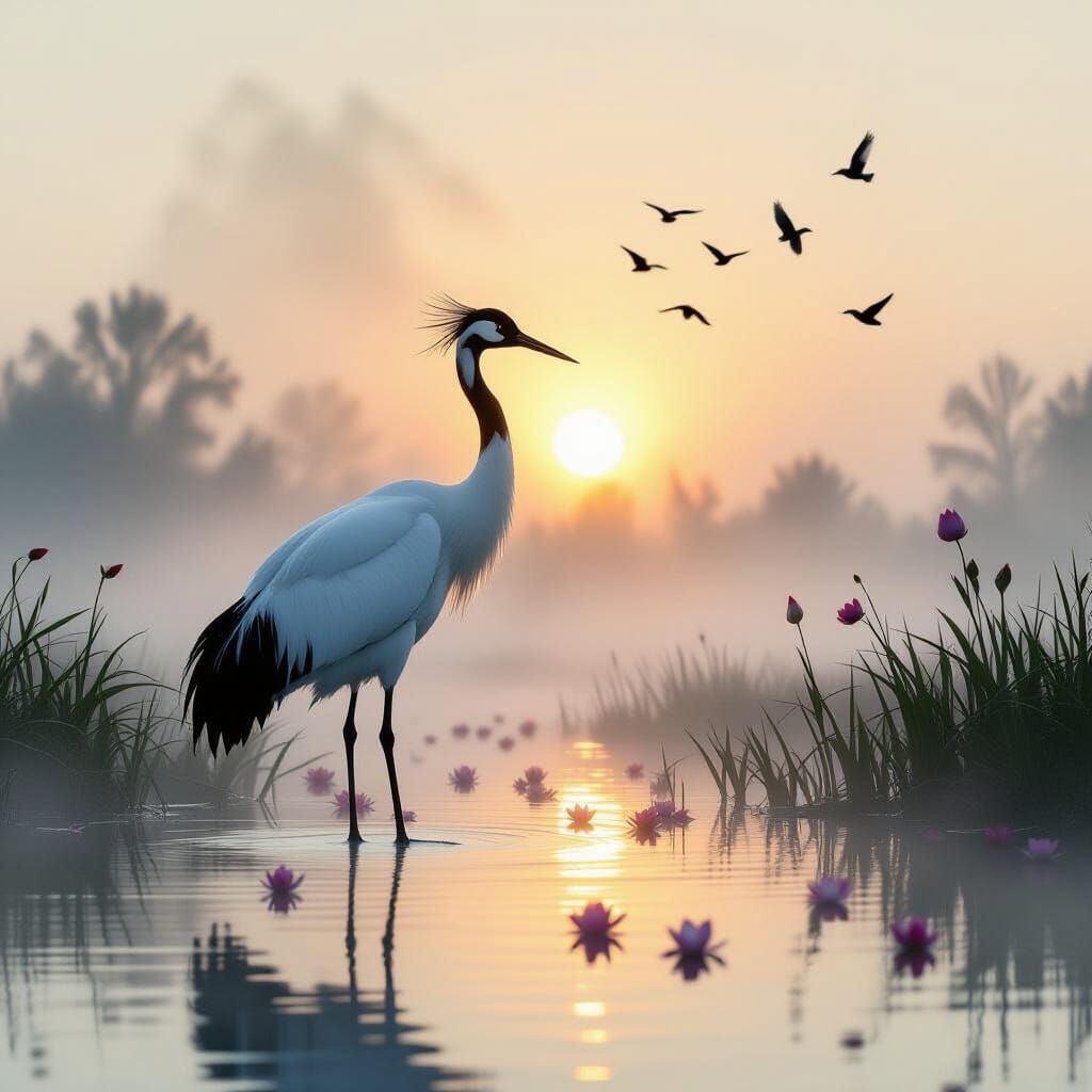 Great White Crane in Misty Wetland Sunrise, Ink-Wash Fusion