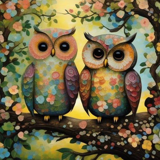 owls sitting on a branch in pastel colors