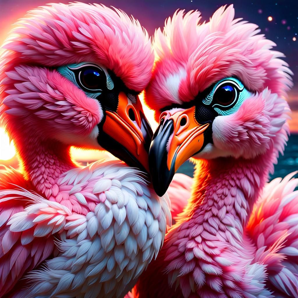 Chibi Flamingos on Bioluminescent Beach