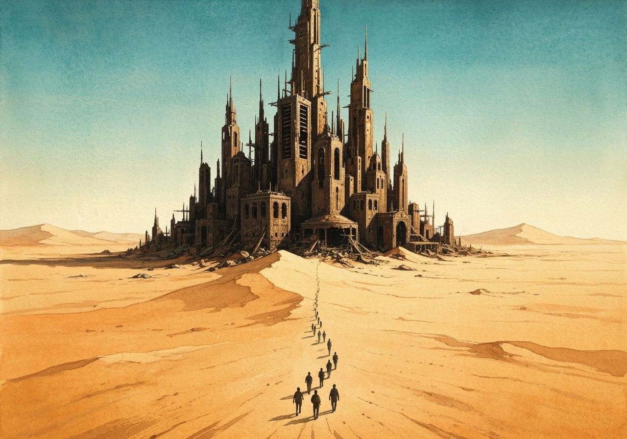 abandoned Hammered bronze tubular city surrounded by desert ...