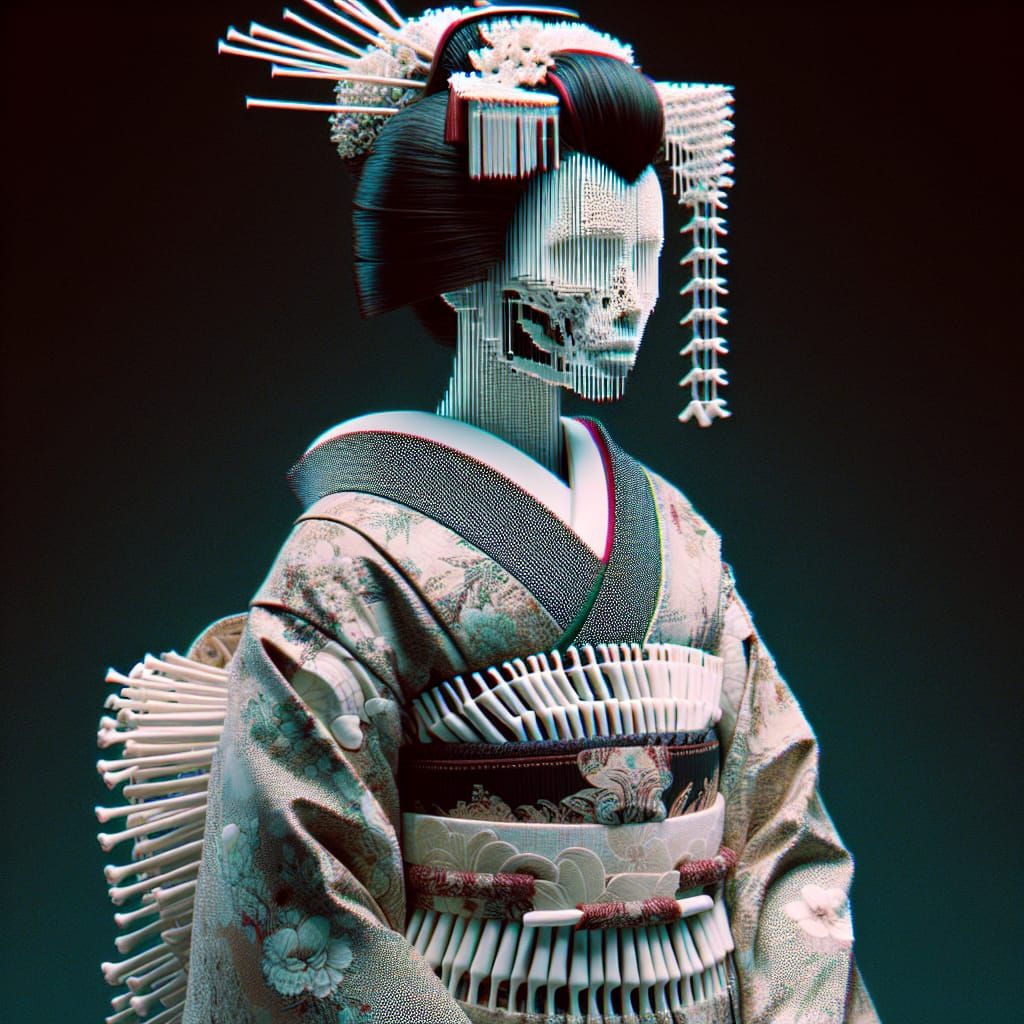 Glitch Art Geisha in Bone Kimono