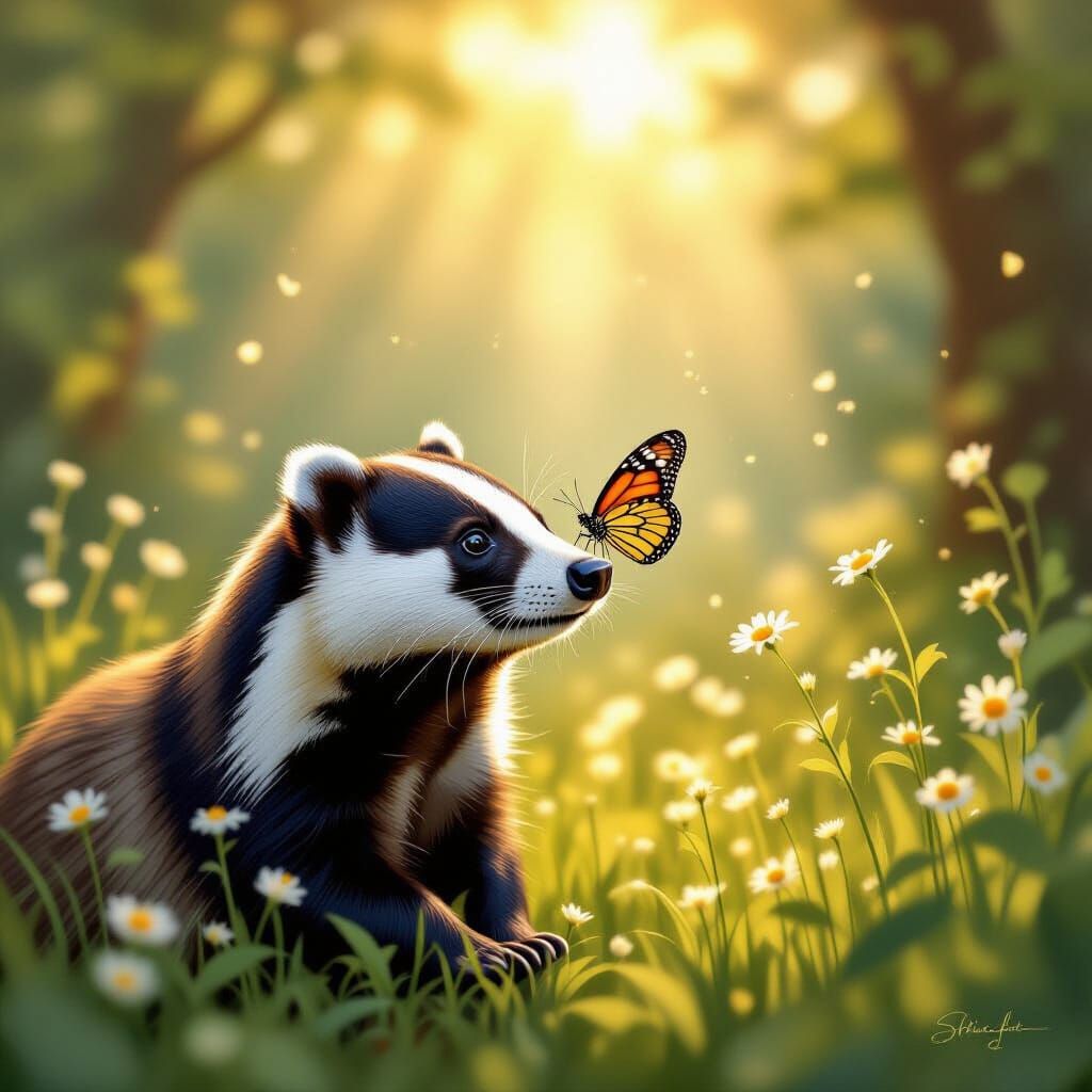 Badger and Butterfly in Sun-Dappled Forest, Whimsical Style