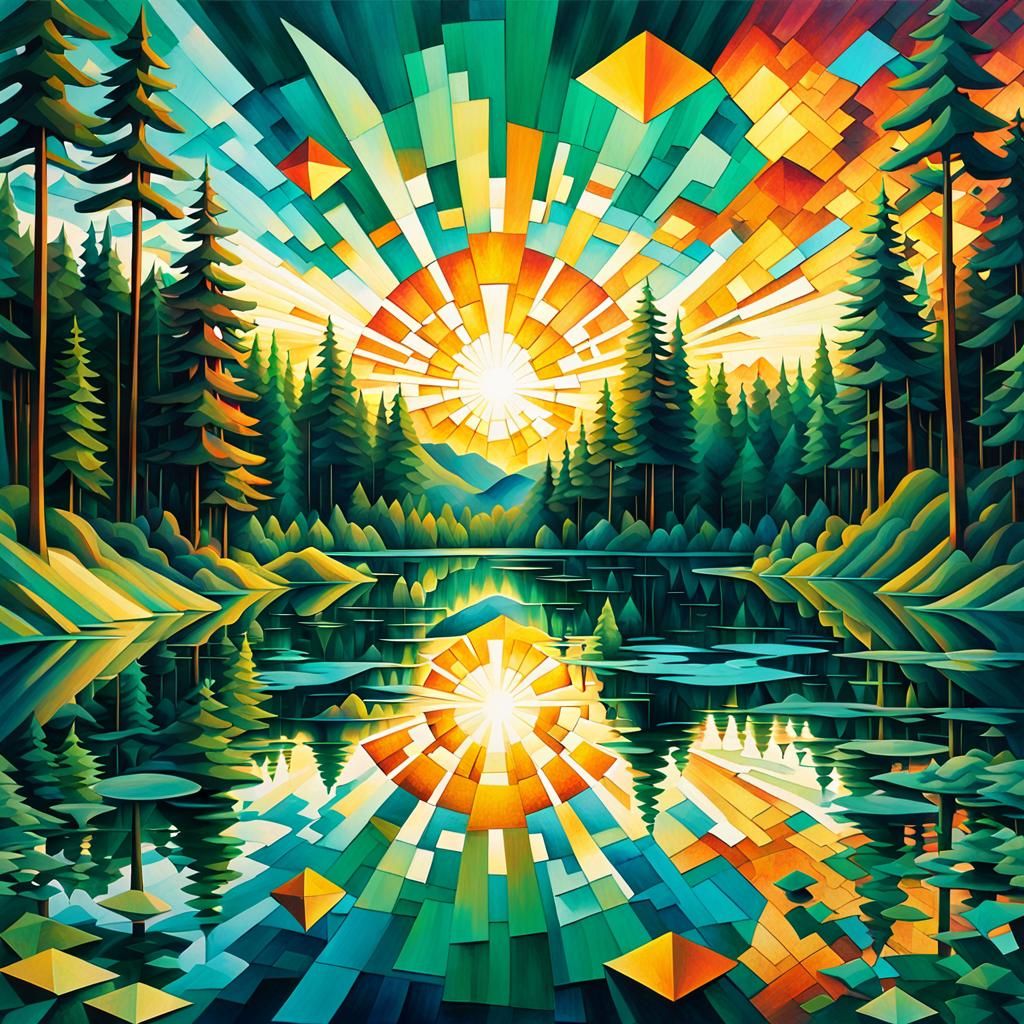 Cubist Sunset Over Emerald Lake: Art Deco Design