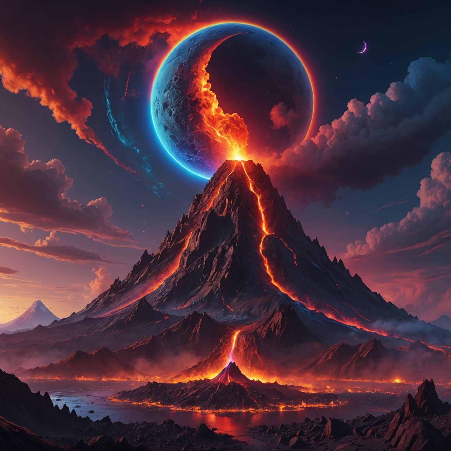 Neon Volcano with Rainbow Moon, Detailed Matte Painting