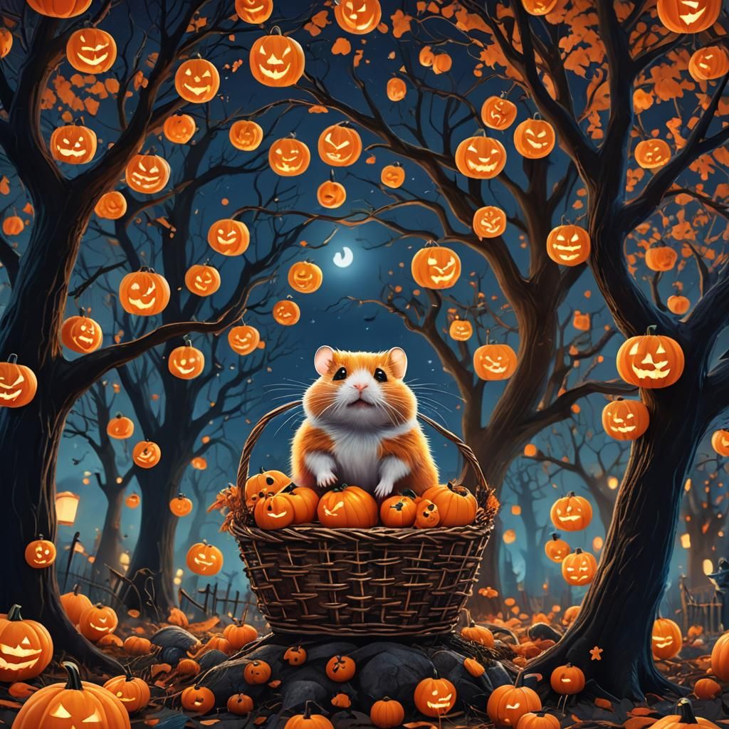 Halloween Hamster and Cat in Fantasy Setting