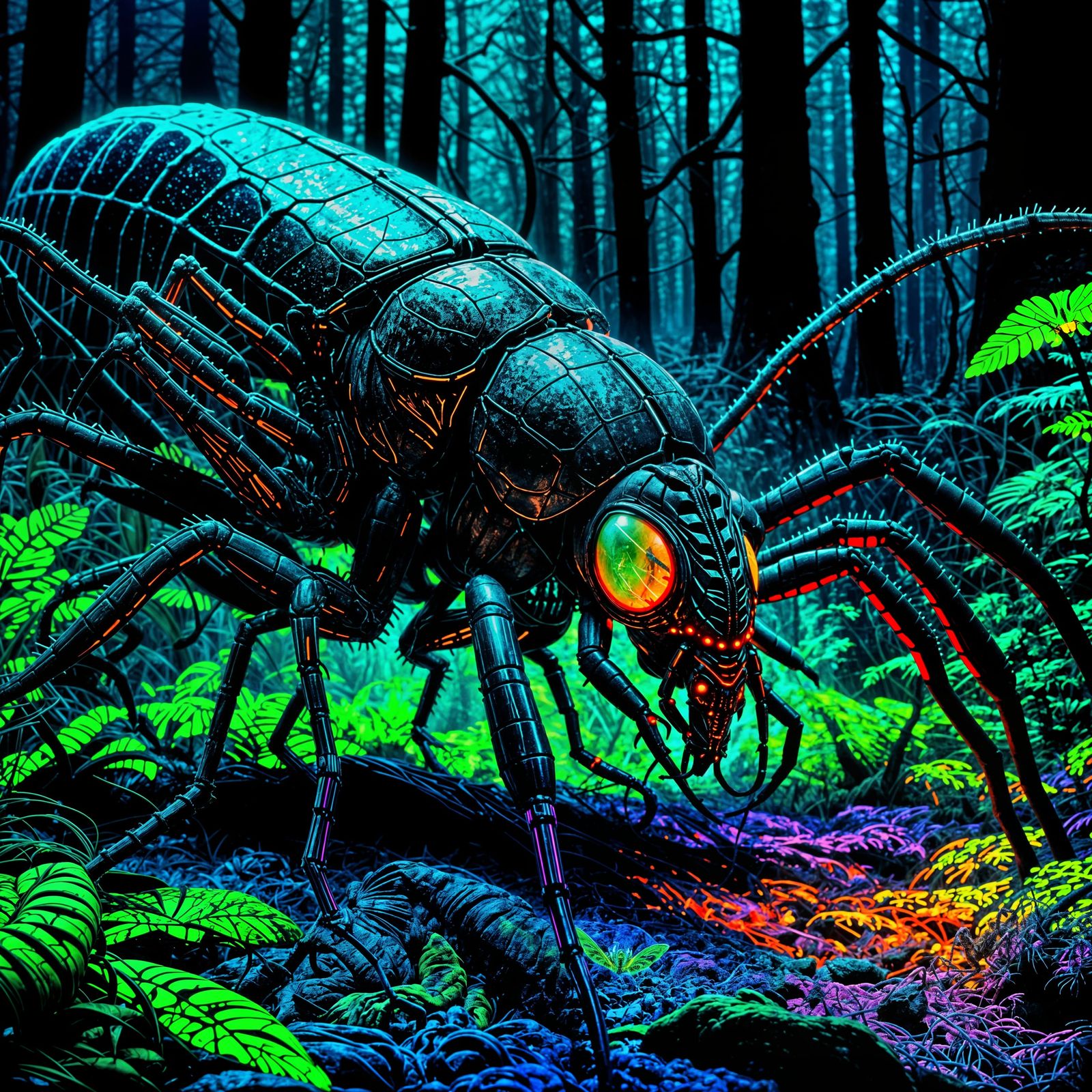 Jurassic Forest of Giant Glowing Insects in Neon Style
