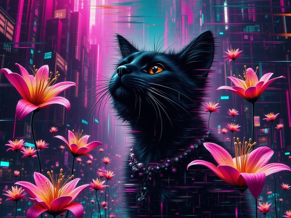 Glitch Art Black Cat with Daylilies