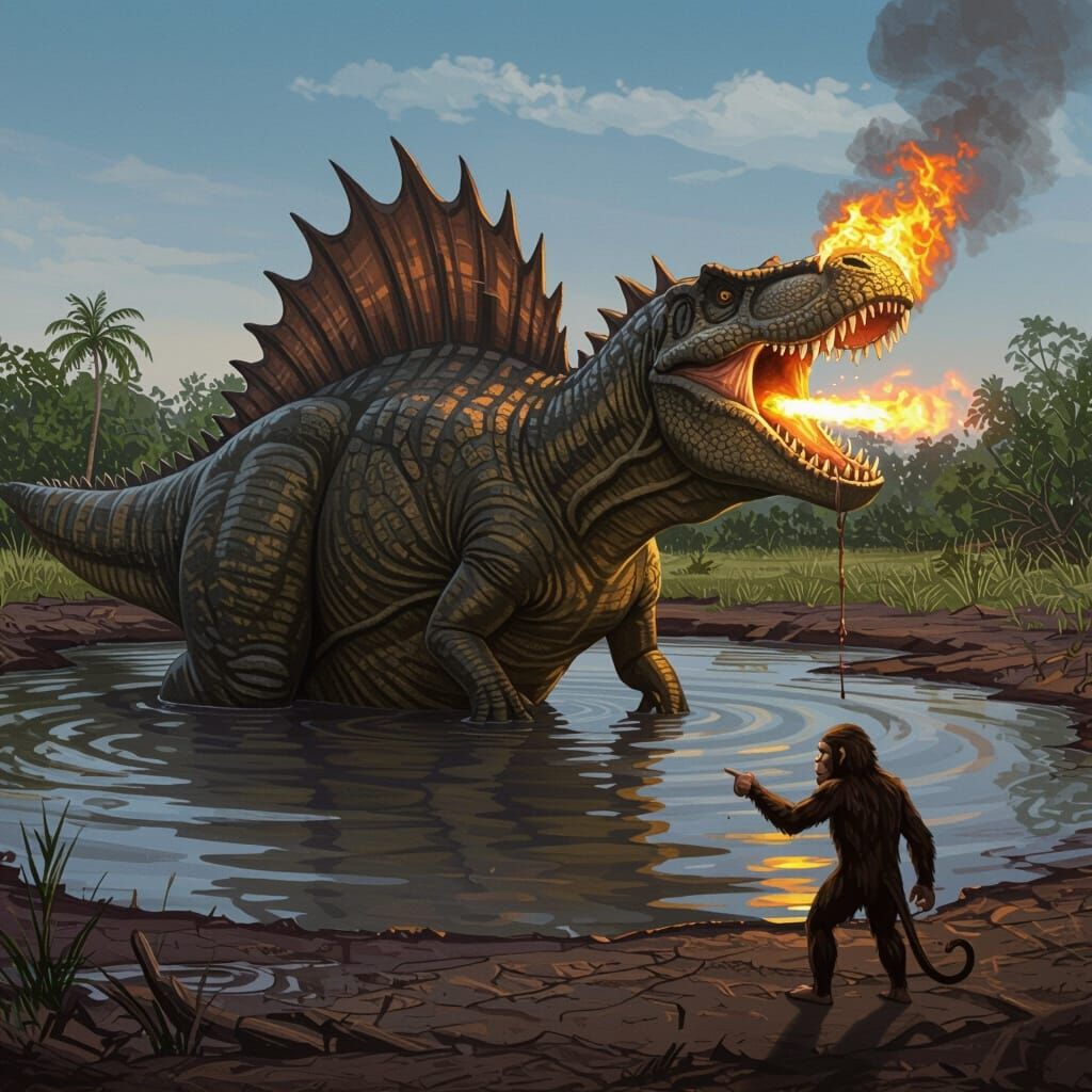 Dinosaur Sinks in Tar Pit, Flaming Mouth, Monkey Man Watches