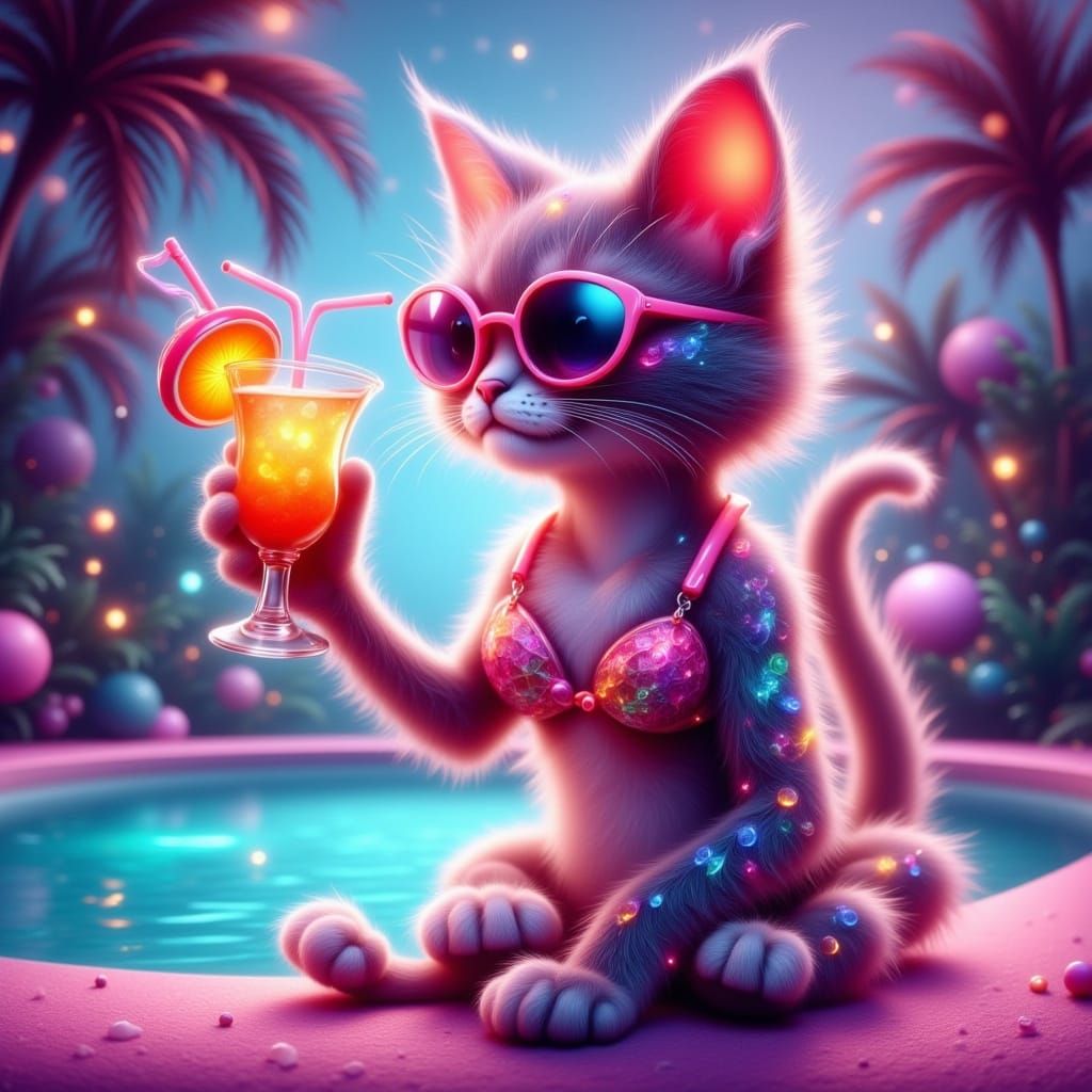 Neon Cat Lounging by Pool Cartoon