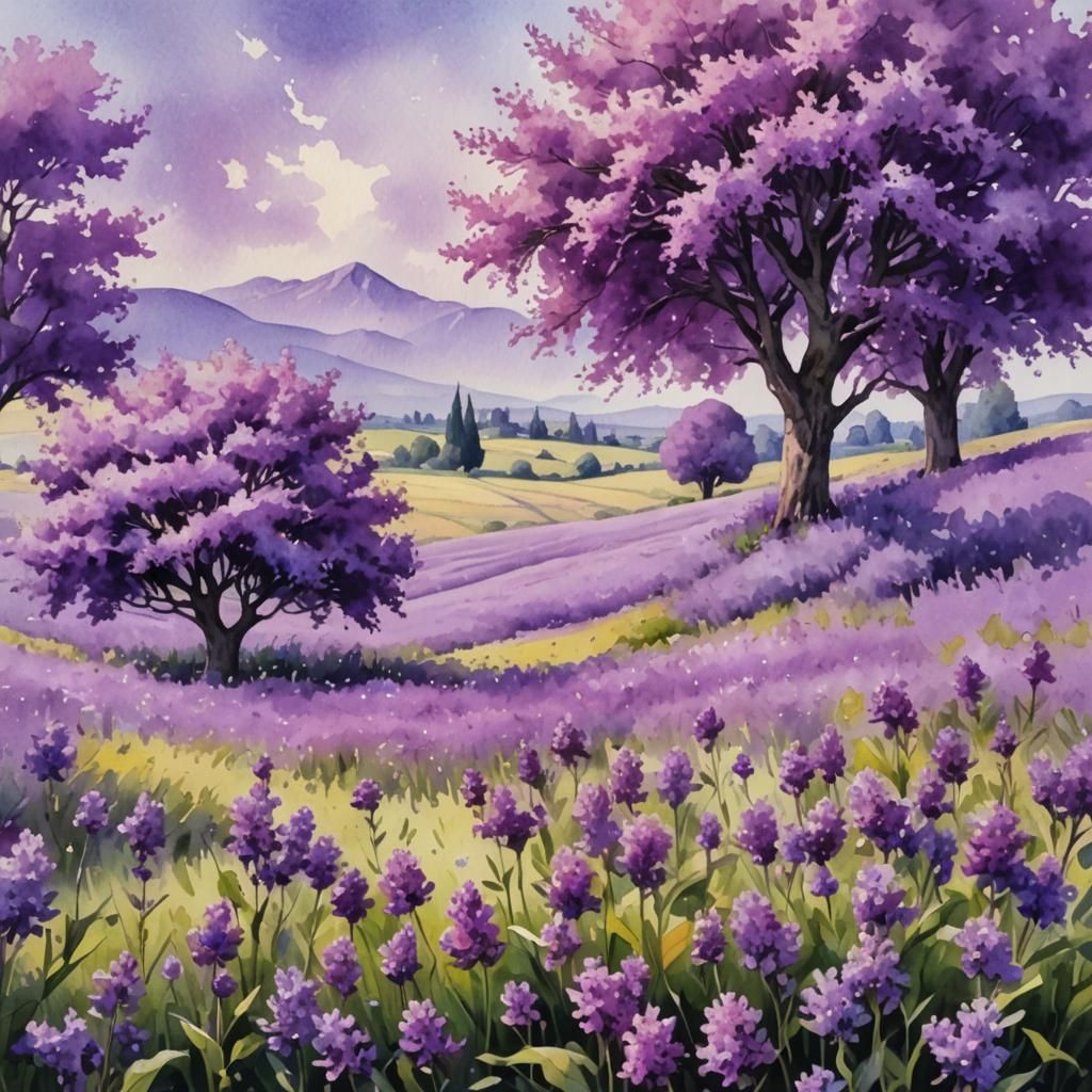 Purple Flower Field in Watercolor Style