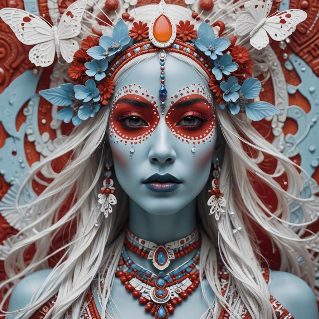 Portrait of a surreal female figure with light blue skin, dew drops accents, glass-like dark eyes, natural nose and lips...