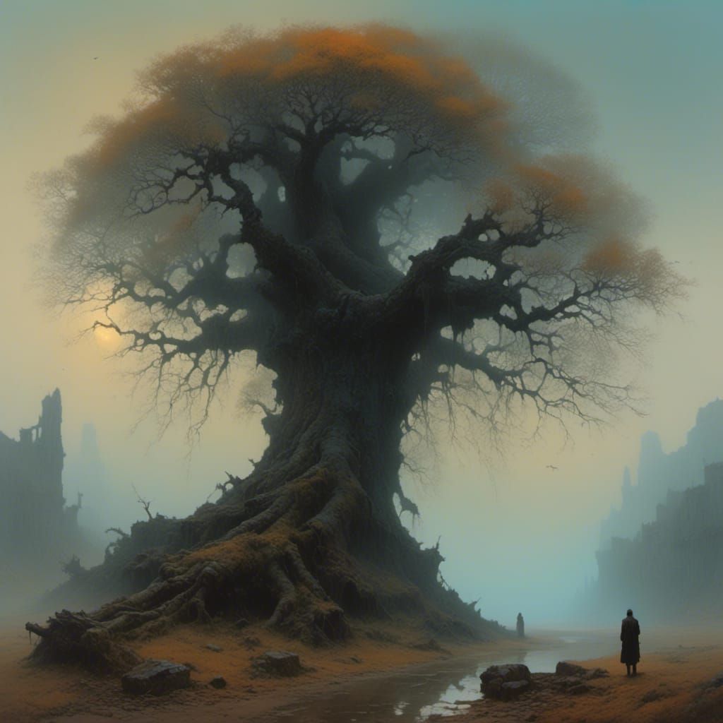 Ancient Tree Enveloped in Ethereal Mist