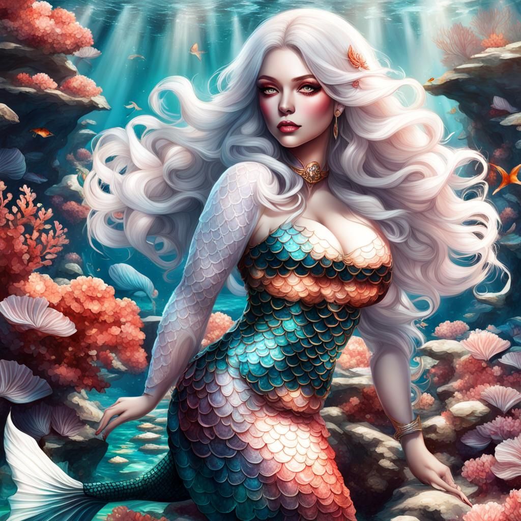 Fantasy Mermaid with White Hair in Padparadscha