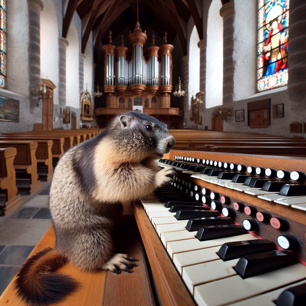 Marmot Plays Church Organ in Rustic Chapel