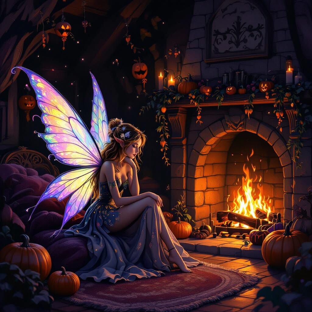 Cozy Fairy Halloween Room in Painterly Fantasy Style