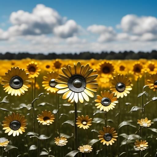 Metal Daisies Bloom in a Radiant Metallic Landscape