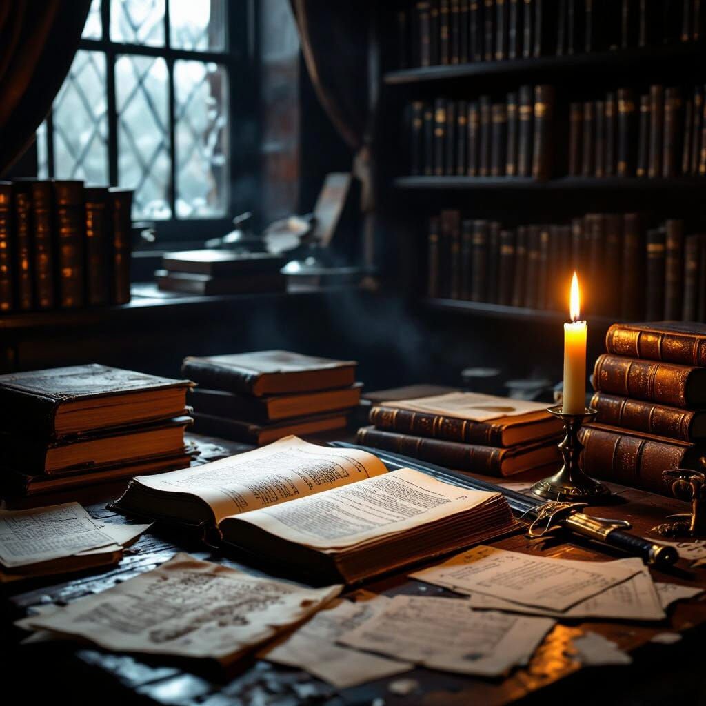 Sacred Study Room at Dawn: Books, Candles, and Shadows