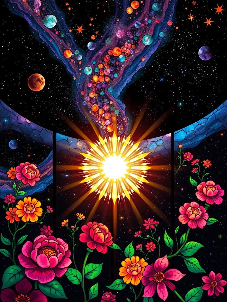 Neon Stained-Glass Universe in Art Nouveau Style