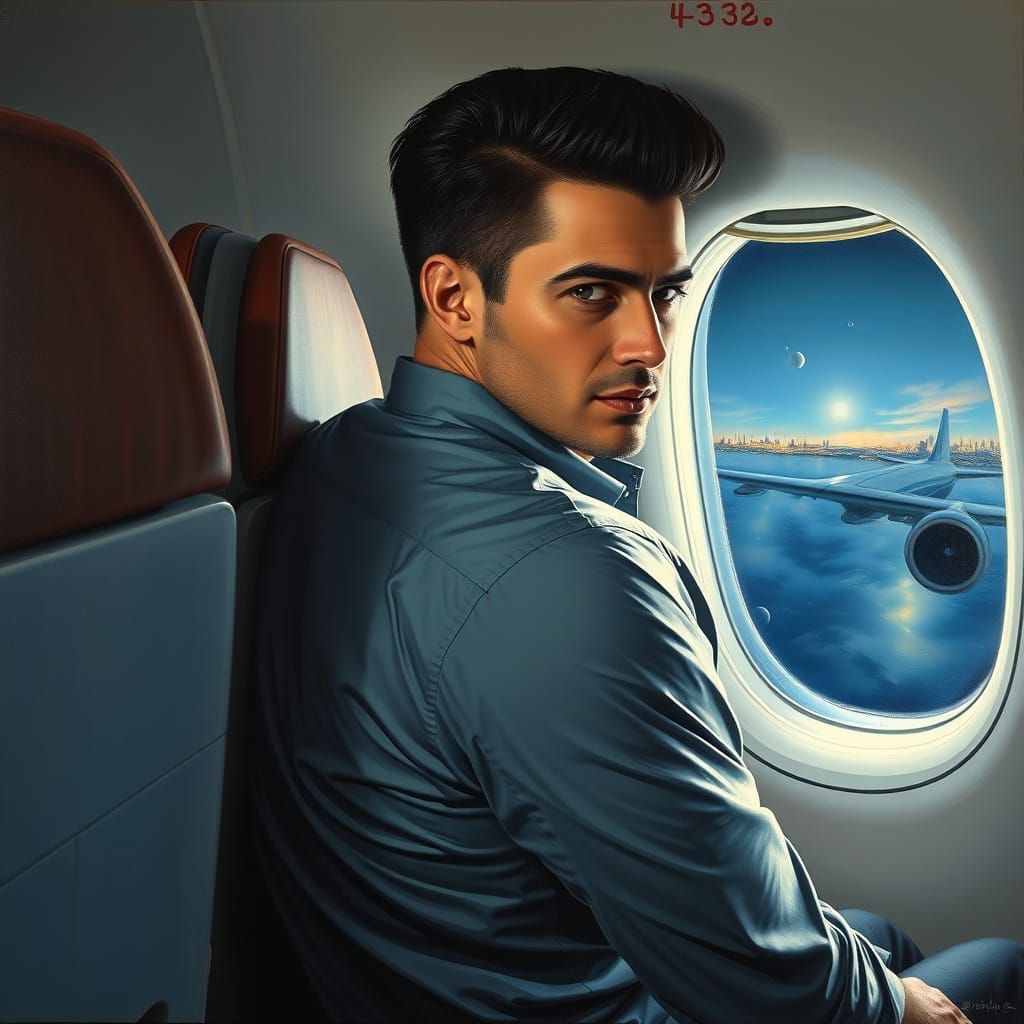 Handsome Man in Airplane at Night as Oil Painting