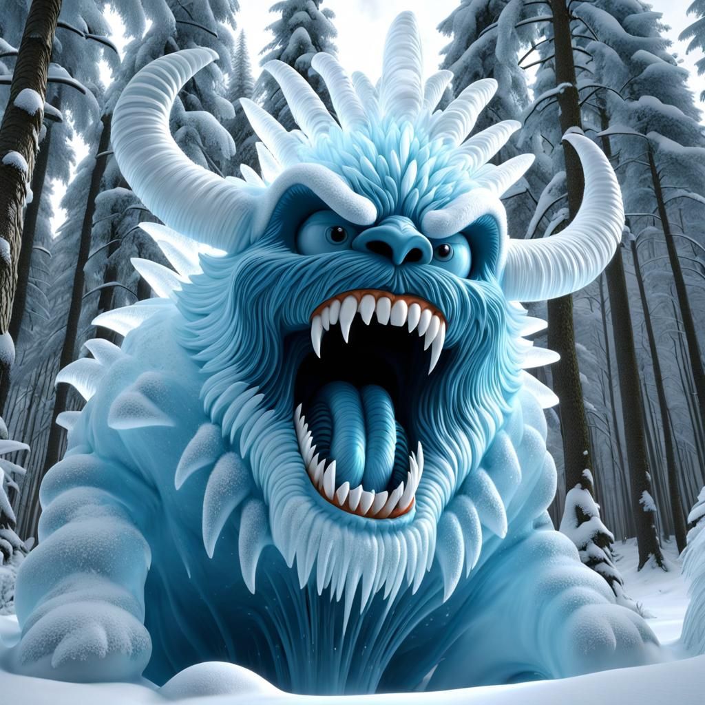 Frozen Cloud Monster Sculpture in Winter Forest