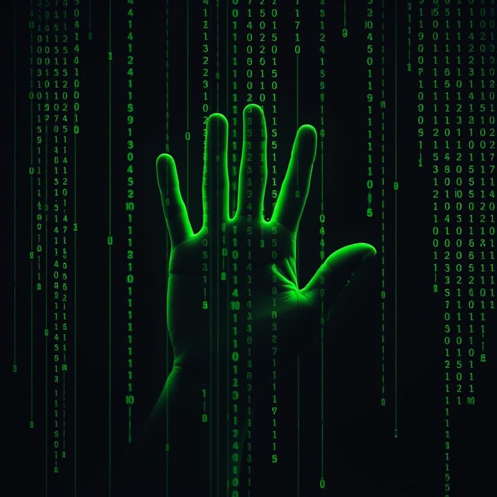Matrix Code Hand on Black Background with 3D Illusion