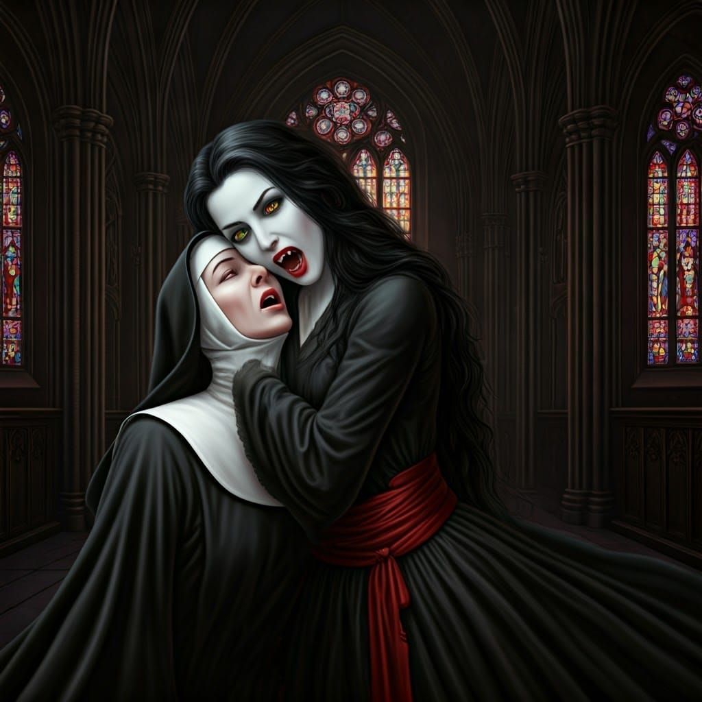 Gothic Vampire Bites Nun in Dark Cathedral
