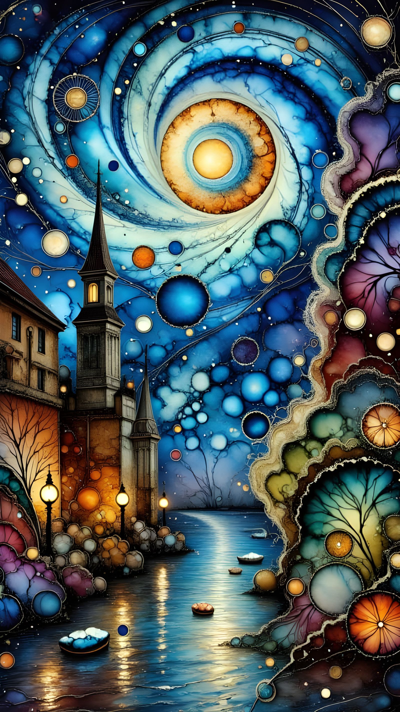 Moonlit Cityscape Reflected in Water: Alcohol Ink Art