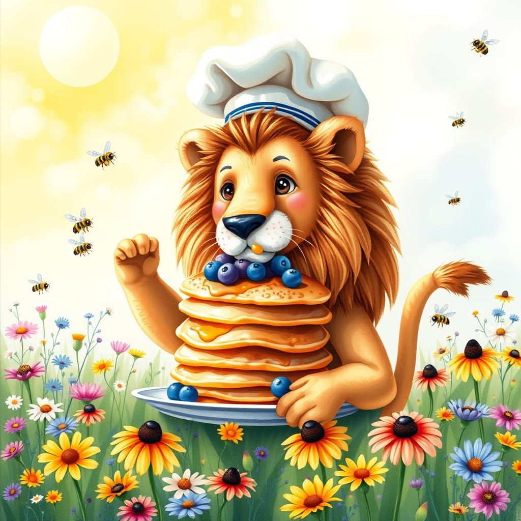 Lion Chef Whips Up Pancakes in Sun-Drenched Meadow