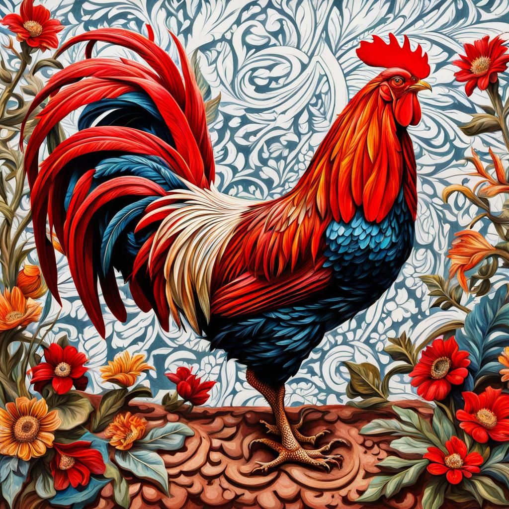 Hyperdetailed Red Rooster, Maximalist Low Angle View