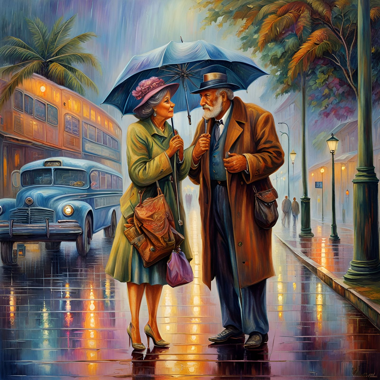 Rainy Bus Stop Scene in Miami, Polychromatic Art