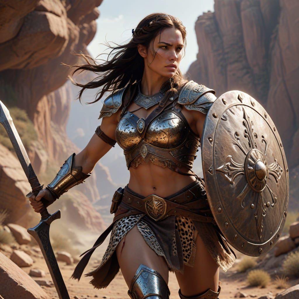Powerful Female Warrior in Bronze Armor, Fantasy Art