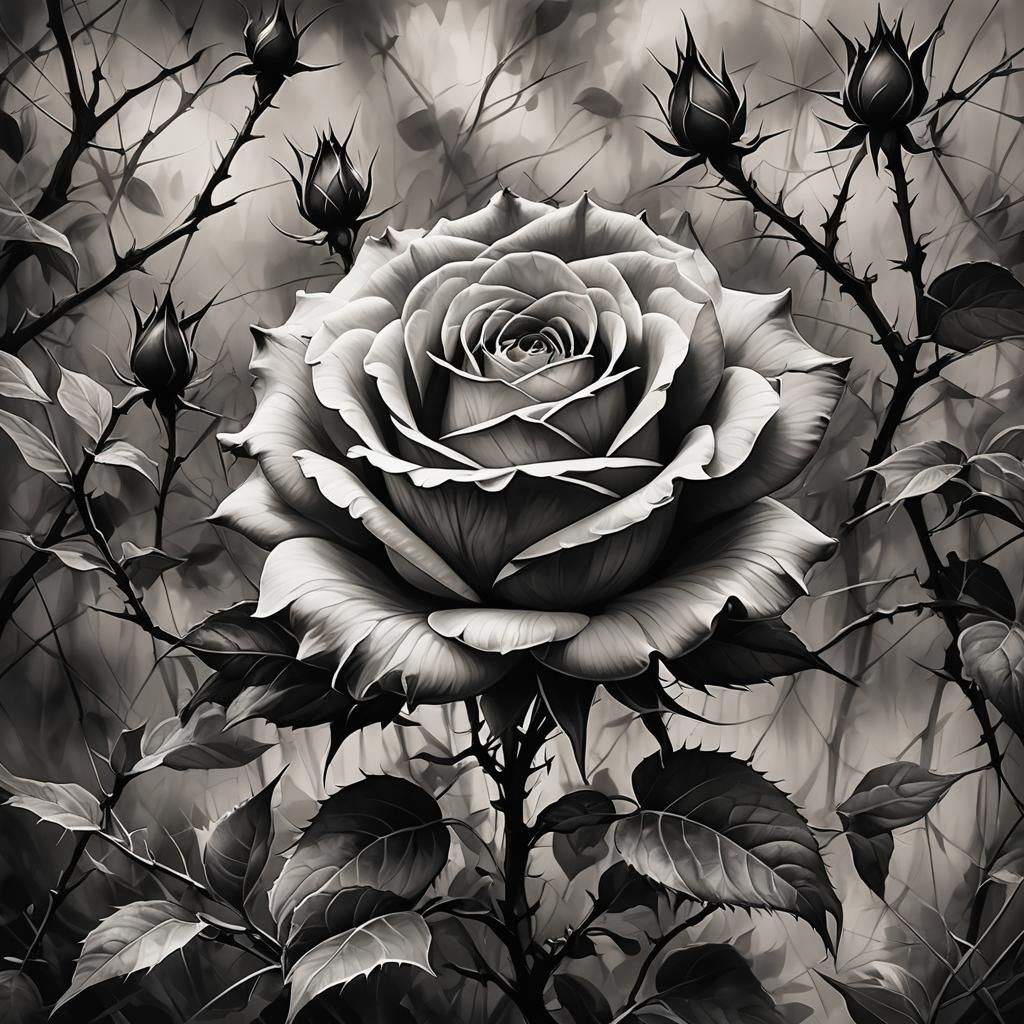 Rose Amongst Thorns in Ink and Charcoal Style
