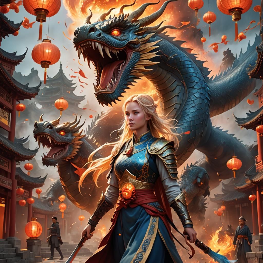Chinese New Year: Warrior and Dragon, Fantasy Art