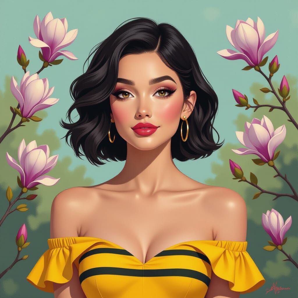 Woman in Yellow Dress with Green Hair Highlights