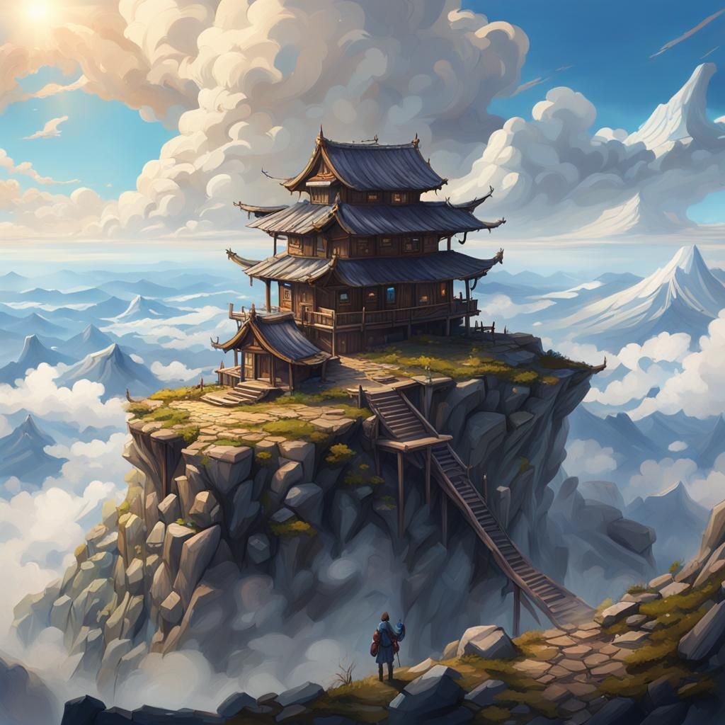Mountain Outpost in Anime Style Liquid Oil Painting