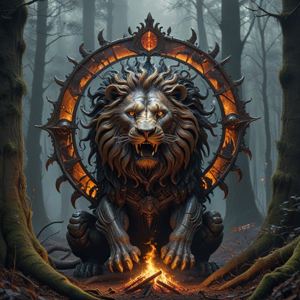 Abandoned Shield with Golden Lion and Lys Motifs in a Dark F...