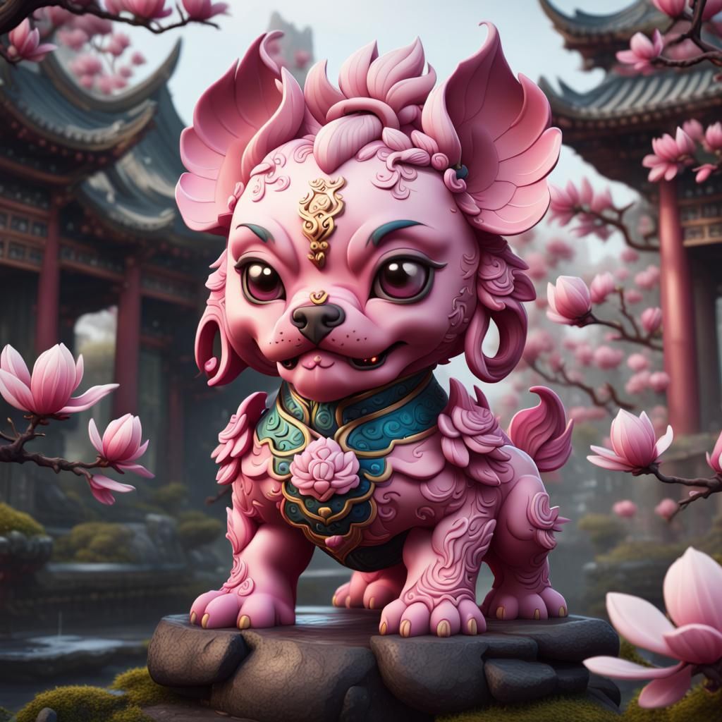 Pink Magnolia Chibi Foo Dog: Fantasy Art