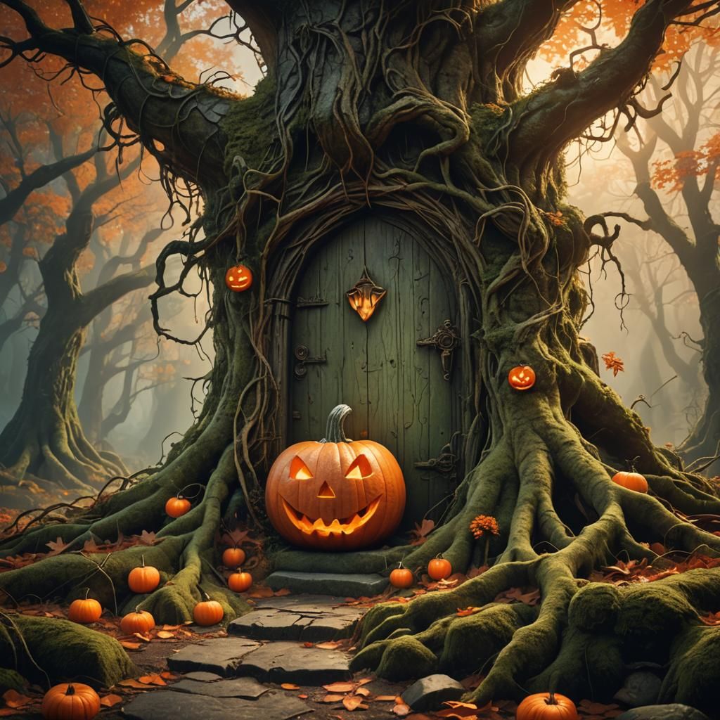 Glowing Jack-O-Lantern in Mystical Autumn Forest