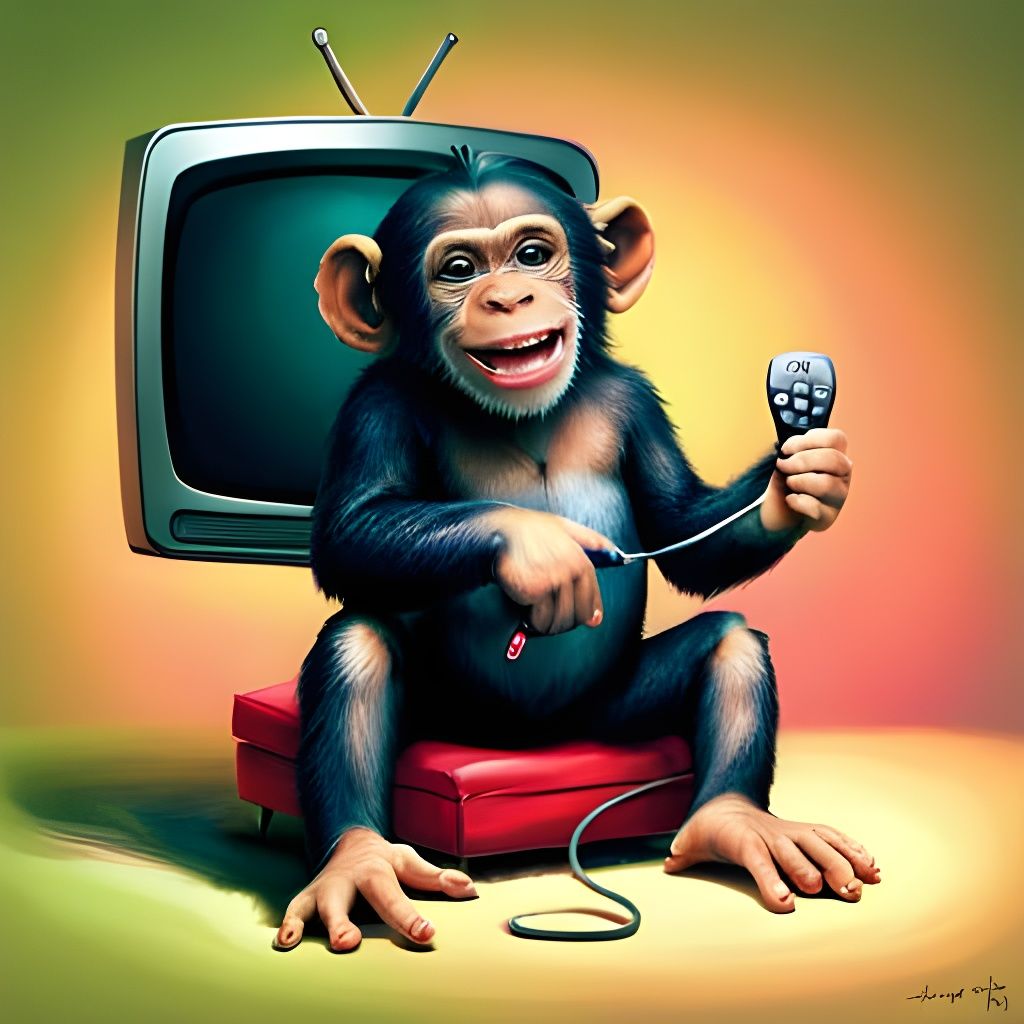 Cute Chimp Laughs at TV: Hyperrealistic Splash Art