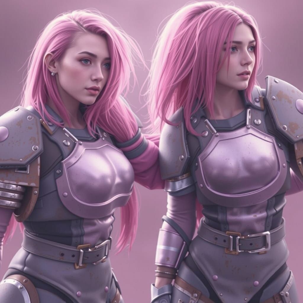 Pink-Haired Warriors in Power Armor, Detailed Matte Painting