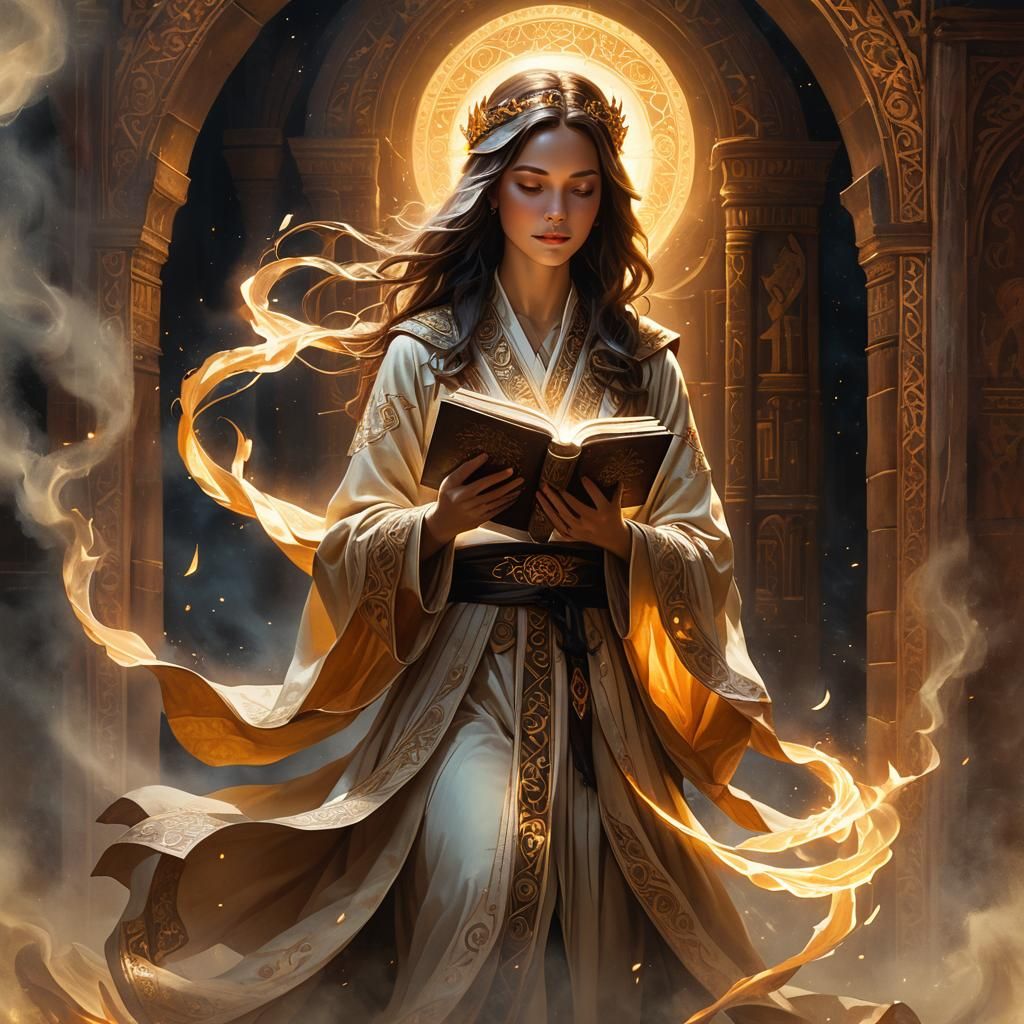 Mystical Woman with Glowing Book Fantasy Illustration